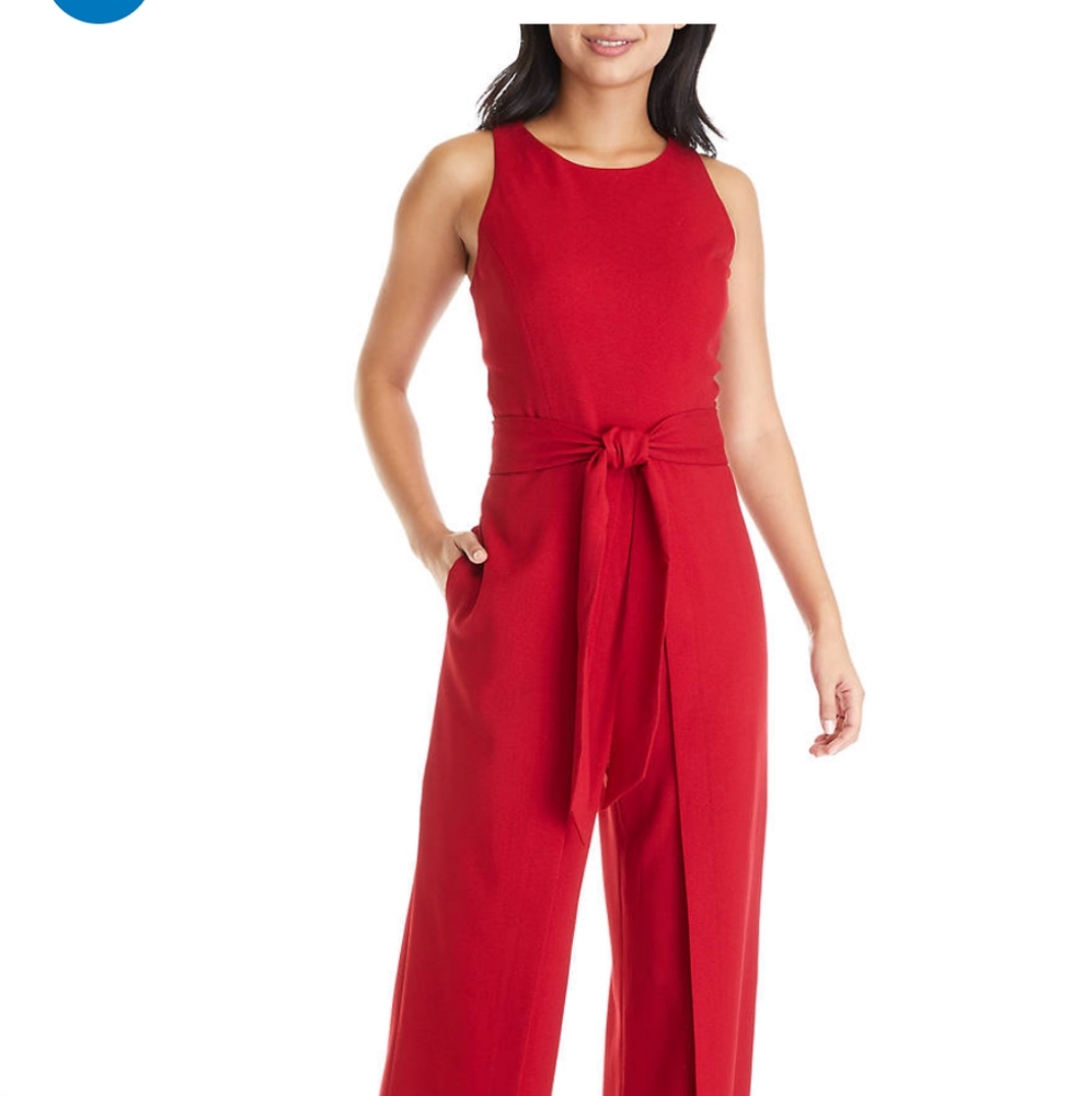 Nine West Red Sleeveless Tie-Waist Wide-Leg Jumpsuit - Picture 2 of 11